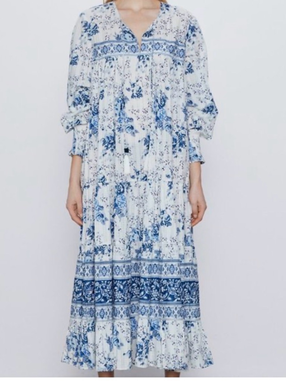 Zara White Maxi Dress with Blue Floral Print